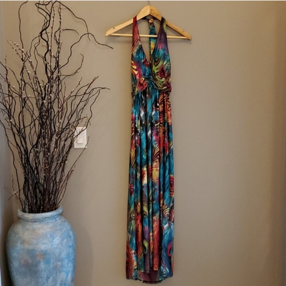 ❄️ 3/$25 Colorful Peacock Halter Maxi Dress